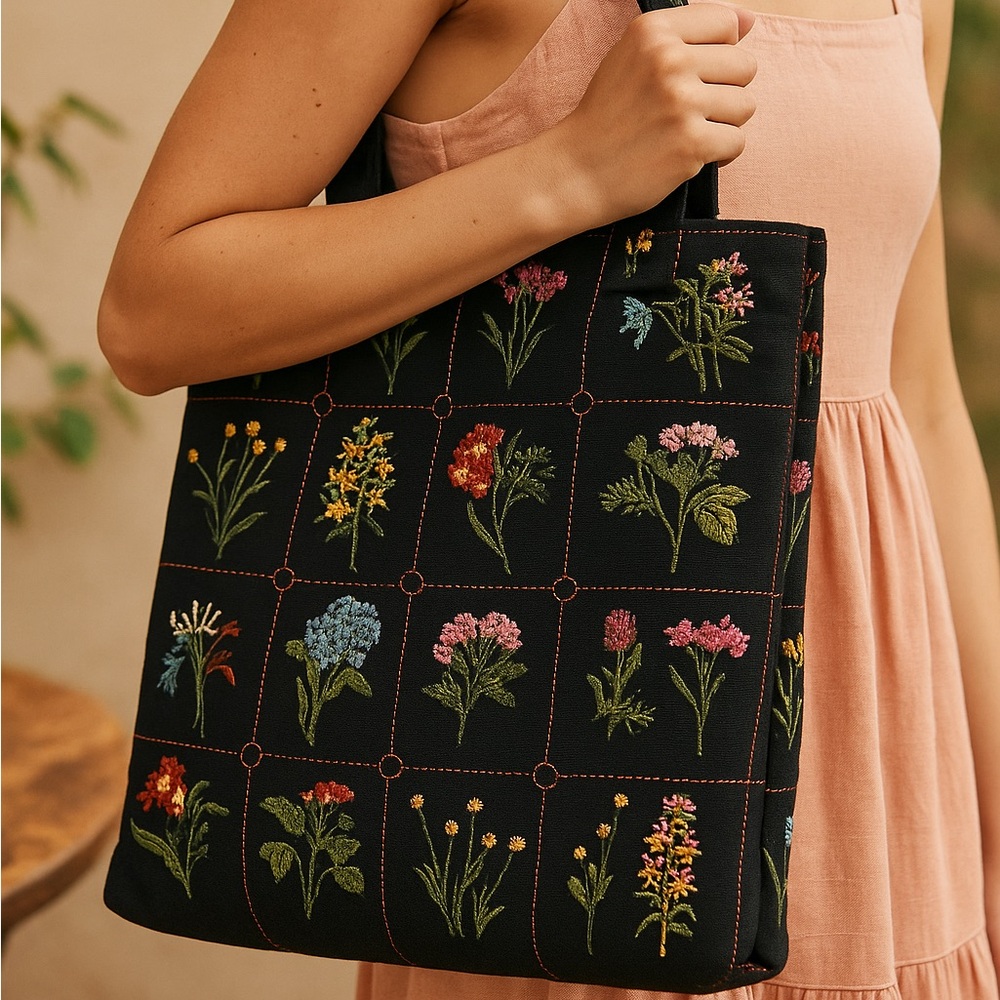 Floral Embroidered Black Tote Bag - Picture 5 of 10